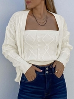Cable Argyle Knit Drop Shoulder Cardigan and Tube Top Set L White