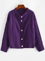Cable Diamond Knit Fisherman Cardigan Purple