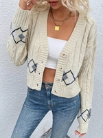 Cable Knit Argyle Drop Shoulder Cardigan L Light coffee