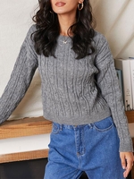 Cable Knit Drop Shoulder Solid Sweater L Gray