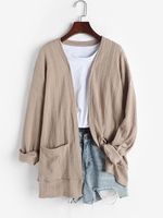 Cable Knit Dual Pocket Open Front Cardigan S Coffee