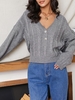 Cable Knit Half Placket Drop Shoulder Sweater S Gray