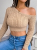 Cable Knit Skew Neck Cropped Sweater M Coffee