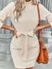 Cable Knit Textured Belted Long Sleeve Slinky Dress L Light coffee
