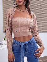 Cable Pointelle Knit Floral Embroidered Shrug Cardigan Set M Light pink
