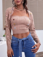 Cable Pointelle Knit Floral Embroidered Shrug Cardigan Set S Light pink