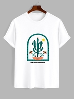 Cactus Letter Pattern Short Sleeves T-shirt L White