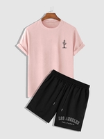 Cactus Pattern T-shirt and LOS ANGELES Letter Printed Shorts Set Light pink
