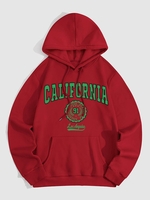 CALIFORNIA Badge Pattern Fleece-lined Hoodie L Deep red