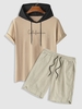 California Hooded Short Sleeves T-shirt With Stripe Shorts Two Piece Set Light coffee