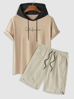 California Hooded Short Sleeves T-shirt With Stripe Shorts Two Piece Set Light coffee