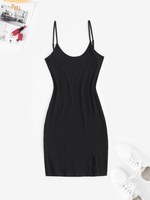 Cami Ribbed Front Slit Slinky Dress Xl Black