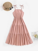 Cami Tie Shoulder Tiered Midi Dress L Light pink