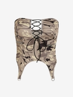 Camo Zippered Pockets Lace Up Corset-style Tube Top L Green