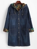 Camouflage Lined Pockets Hooded Denim Coat L Blue