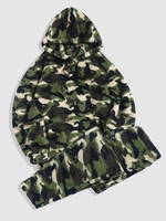 Camouflage Pattern Kangaroo Pocket Fluffy Fuzzy Hoodie and Pants Set Deep green