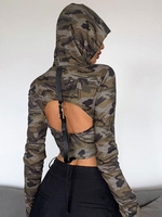 Camouflage Print Backless Buckle Bodycon Hooded Top L Deep green