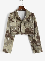 Camouflage Print Raw Hem Pockets Cropped Jacket L Multi a