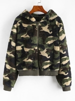 Camouflage Zip Up Hooded Fluffy Jacket S Deep green