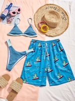 Cartoon Dinosaur Printed Two Tone Couple Swimwear Blue