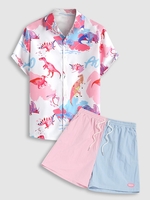 Cartoon Dinosaur Short Sleeve Shirt With Two Tone Shorts Two Piece Set Multi a