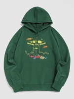 Cartoon Dinosaur Spacecraft Graphic Hoodie Xxl Deep green