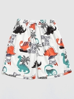 Cartoon Dinosaurs Coconut Tree Graphic Print Drawstring Casual Shorts Xl White