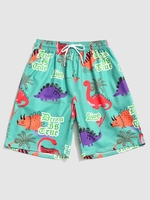 Cartoon Dinosaurs Coconut Tree Graphic Print Drawstring Casual Shorts Xxl Dark turquoise