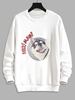Cartoon Dog Print Rib-knit Trim Sweatshirt L White
