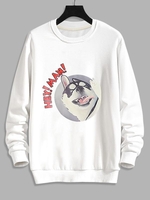 Cartoon Dog Print Rib-knit Trim Sweatshirt S White