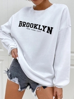 Casual Brooklyn Print Pullover Sweatshirt M White