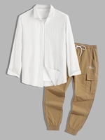 Casual Button Up Shirt and Drawstring Jogger Cargo Pants Set White