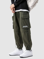 Casual Letter Print Pockets Elastic Waist Cargo Techwear Pants Xl Army green