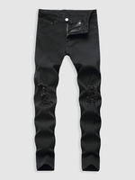 Casual Ripped Button Zipper Jeans 32 Black