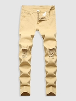 Casual Ripped Button Zipper Jeans 32 Light yellow