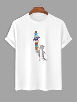 Cat and Ice Cream Print Casual T Shirt Xl White