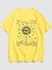 Celestial Sun Eye Moon Print Graphic Short Sleeve Vintage T-shirt S Yellow