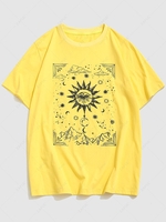 Celestial Sun Eye Moon Print Graphic Short Sleeve Vintage T-shirt Xxl Yellow