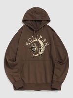 Celestial Sun Moon Letters Print Graphic Hoodie L Deep coffee