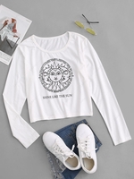 Celestial Sun Moon Print Cropped T-shirt S White