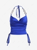 Chain Halter Cinched Cowl Front Crop Tank Top L Deep blue