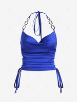 Chain Halter Cinched Cowl Front Crop Tank Top L Deep blue