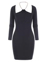 Chain Halter Cutout Long Sleeve Slinky Dress M Black