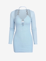 Chain Halter Ribbed Knit Slinky Dress With Shrug Top L Light blue