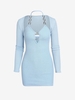 Chain Halter Ribbed Knit Slinky Dress With Shrug Top M Light blue