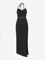 Chain Halter Ruched High Split Backless Dress M Black