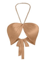 Chain Halter Silky Satin Twist Underboob Top S Coffee