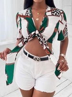 Chain Leopard Print Tie Front Crop Blouse M Green