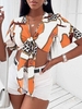 Chain Leopard Print Tie Front Crop Blouse M Orange
