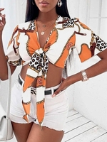 Chain Leopard Print Tie Front Crop Blouse M Orange